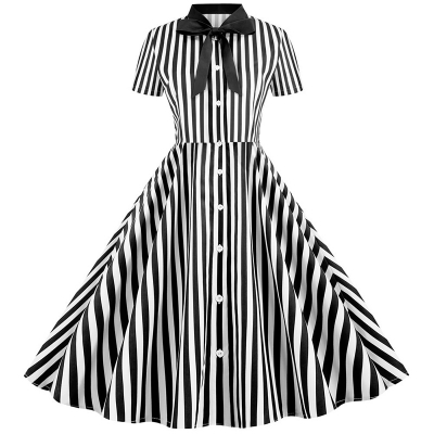 Spot Goods Bow Print Party Slim Striped Casual Summer Midi Dresses JY14771