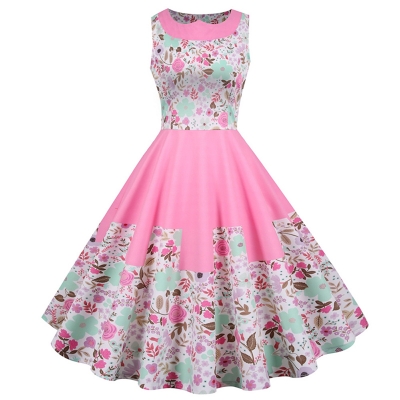 Sleeveless Pleated Pink French Retro Female Printing Dress JY15102