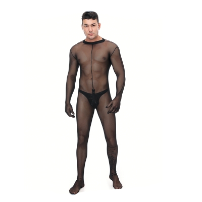 Net Yarn Sexy Men's Underwear Jumpsuit See Through Mesh Bodysuit Costume N995