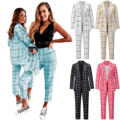 Checked Female Double-Breasted Blazers Formal  Women Suits Two Pieces LQ158
