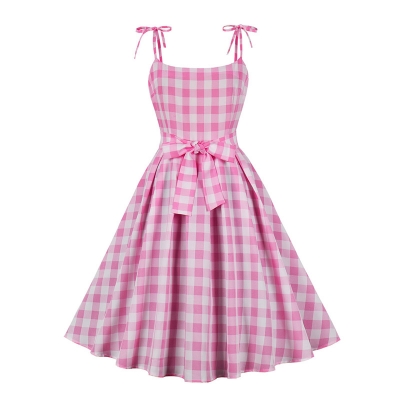 Sexy Halter Pink Plaid Women Casual Sweet Bow Barbie Midlength Dress 5170