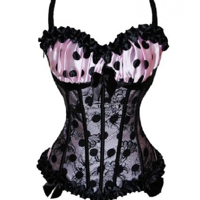 pink fabric black pleated lace corset m1883f