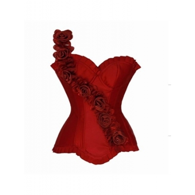 red satin corset with one-shouder flower decorated m1885c