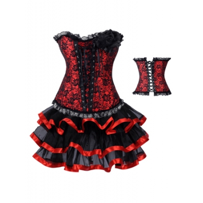 red corsage decorated jacquard corset with skirt m1976C