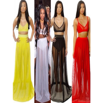 Four Colors Two Piece Bra Design Sleeveless Long Round Dress M3846