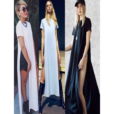 Three Colors Short Sleeves Coat Design Maxi Long Dress M3845