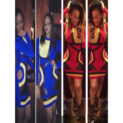 Blue And Red Long Sleeves Fashion Party Career Bandage Bodycon Dress M3824