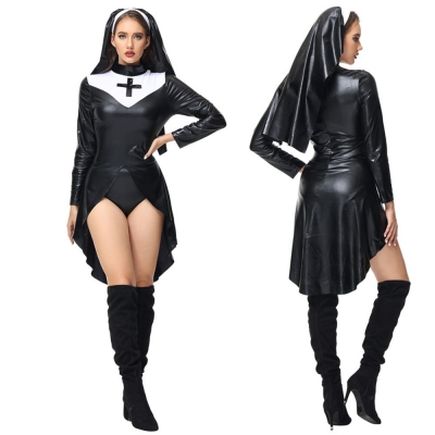 Sexy Nun Costume Women Faux Leather Bad Naughty Nun Roleplay Fancy Dress SL3401
