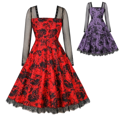 Gothic Mesh Long Sleeves Lace Retro Black Rose Drawing Halloween Dress M5150
