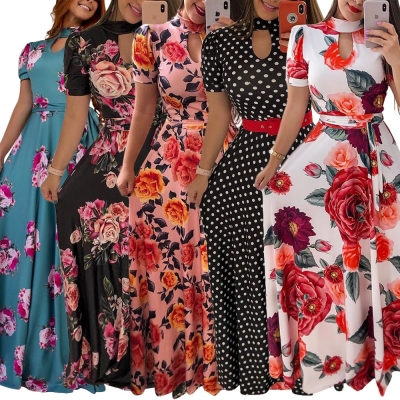 Casual Short Sleeve Long Boho Floral Print Maxi Dress M8410