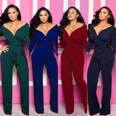 Womens Solid Sexy Deep V Neck Full Sleeve Jumpsuits Belt M9202