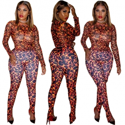 Hot Sexy Women Flame Print Tight Stretch Skinny Rompers M9210